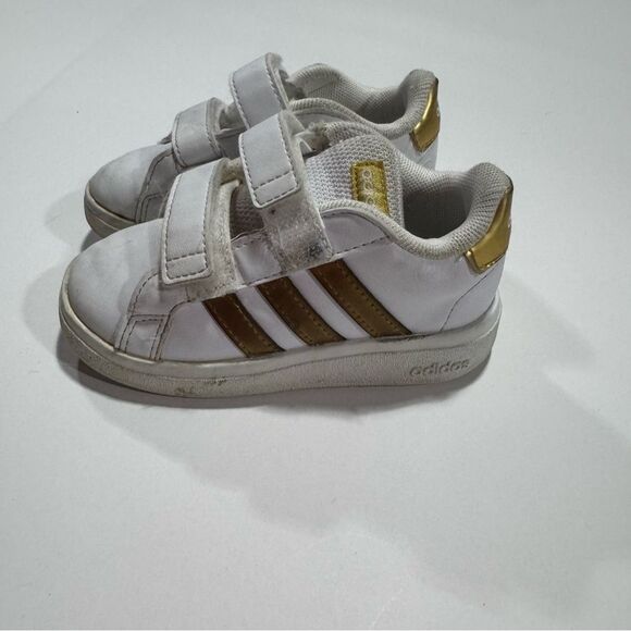 Adidas White & Gold Classic Striped Leather Sneakers - Picture 3 of 6